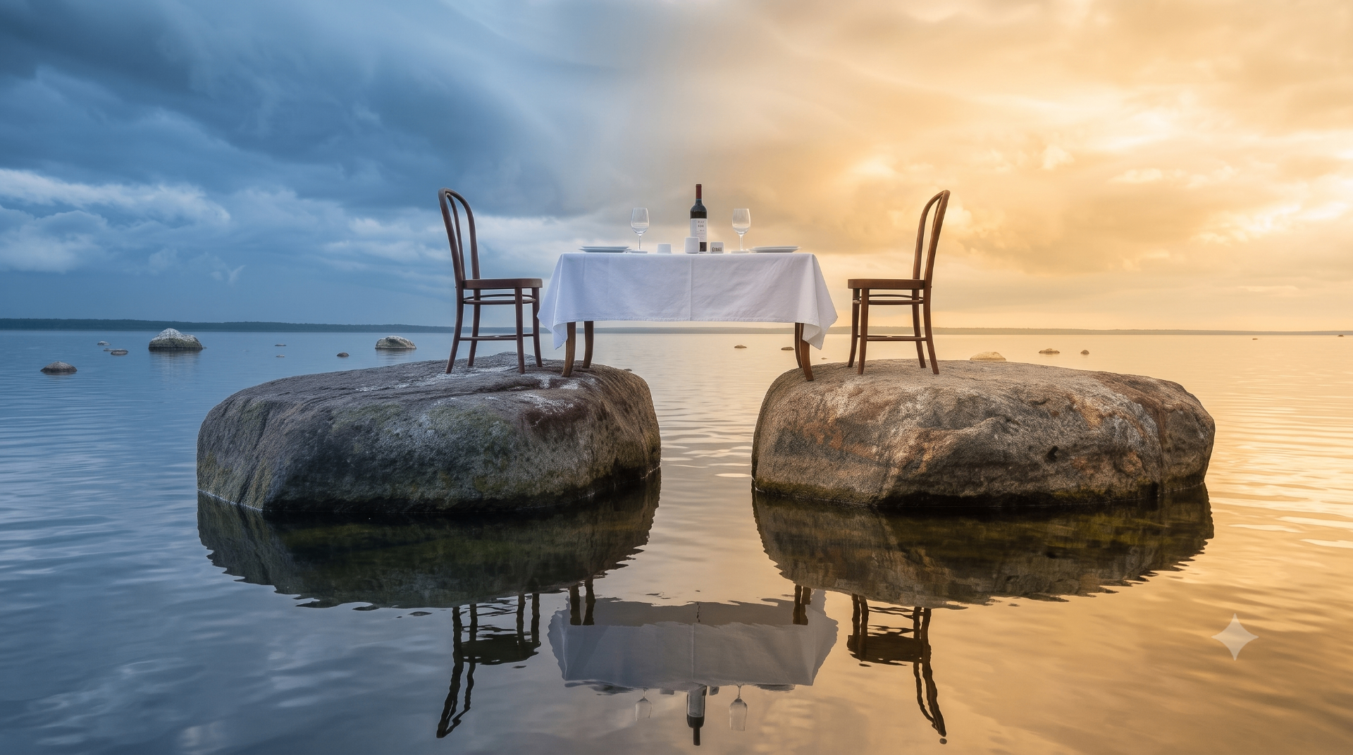 Two chairs at a small table set for dinner, on stones in calm water — sharing a moment together.